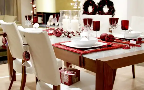 интерьер, элегантный, новогодний, дизайн, стиль, праздничный, оформление, красивое, декорация, бело, снежинки, комната, красное, шары, свечи, бокалы, подарок, 