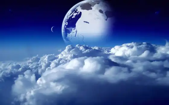 космос, планета, сияющий, облака, колесница, синий,