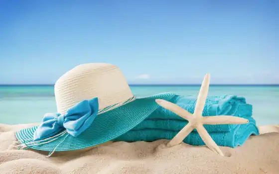 море, шляпа, пляж, полотенце