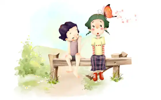 нарисованные, мальчик, девочка, ограда, поле, цветы, испуг