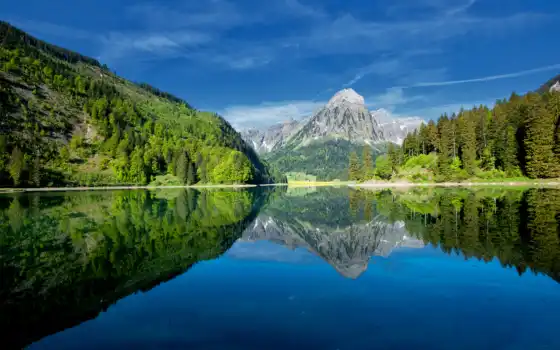 озеро, горы, небо, лес, пейзажи -, чистота, отражение, 