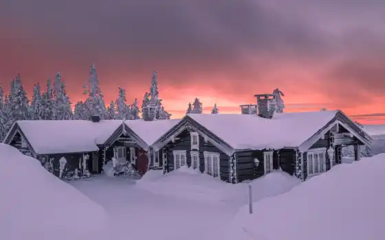природа, небо, дерево, red, утро, снег, lodge, allan, winter, landscape