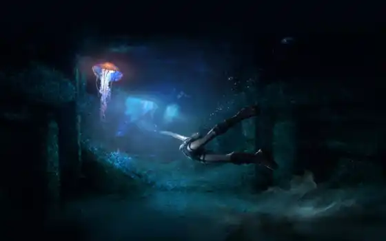 медузы, под водой, океан, синяя, нога, свободная, рыжая