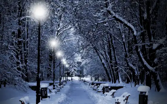 вечер, фонарик, зима, город