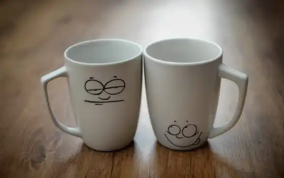 чашки, две, настроение, рожицы, кружки, чаепитие, девушка, чая, 