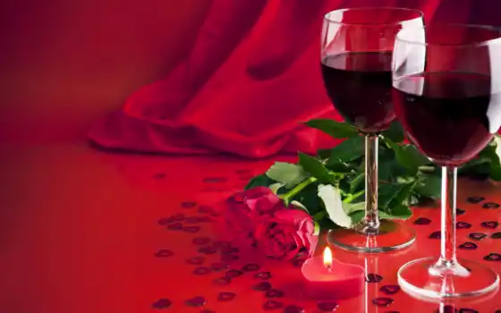 красные, вино, сердечки, розы, два, разных, красного, вина, бокала, 