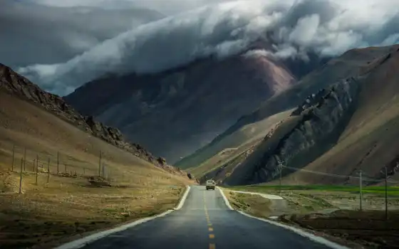 тибет, дорога, горы, облака, машина, тучи, эти, 