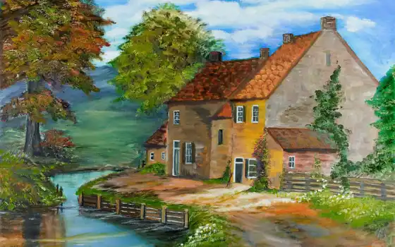 house, краска, река, landscape, art, живопись, kenneth, тюльпан, lepoidevin, wooden