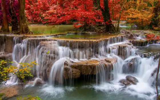 водопад, осень, фотообои, природа, водопады, стену, 