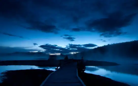 город, ночь, озеро, сумерки, темнота, пейзаж, синий