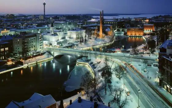 город, зима, Финляндия, ночь, путешествие, москва, река, тампере, снег, город