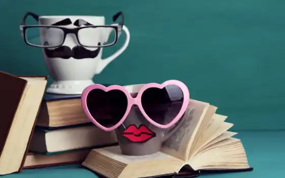смазливые, книги, смешное, усы, очки, губы, чашка, книга, креатив,
