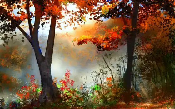 нарисованный, пейзаж, лес, искусство, осень, карты, деревья, река, русские,