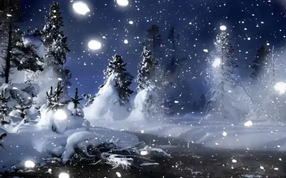 winter, ночь, снег, лес, природа, дерево, палуба, елочка, луна