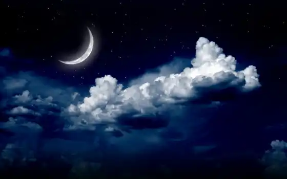 звезды, облака, луна, ночь, 