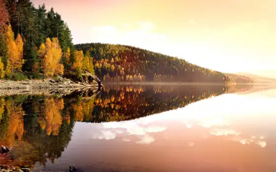 осень, озеро, закат, пейзаж, дерево, след, для, для, значок, германия, вода