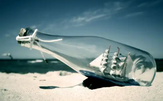 , бутылка, корабль, песок