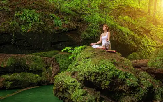медитация, девушка, природа