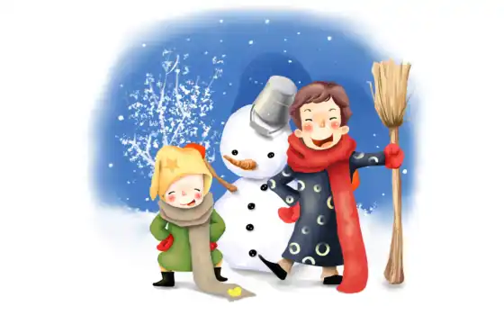 нарисованные, ведро, дети, зима, снеговик, шарфы, веселье,  метла
