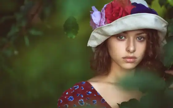 девушка, шляпа, грусть, галаза, листья