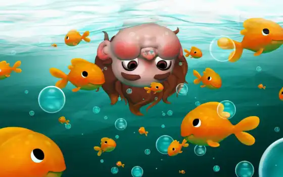 мальчик, под водой, иллюстрация, рыба, шана, маленький, пузырь, вандарт