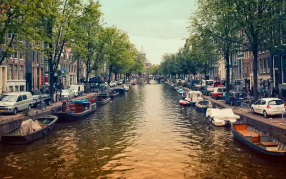 амстердам, канал, улица, городской пейзаж, лодк
