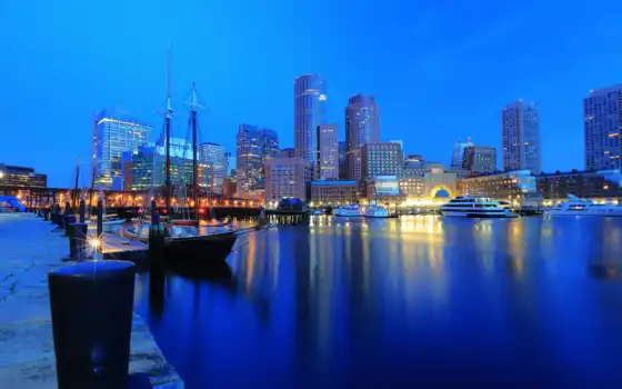 boston, гавань, ночной, город, яхты, здания, набережная, города, 