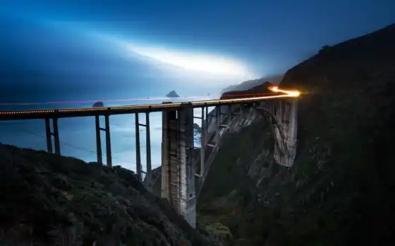 мост, длинный, экспозиция, туман, движение, фон, огни