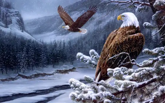 eagles, живопись, розмарин, лысый, река, дух, wild, milette, winter, орлан, 