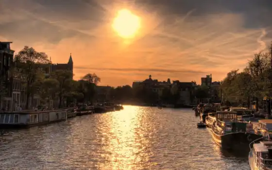 закат, лодки, amsterdam, sun, дома, река, город, со, 