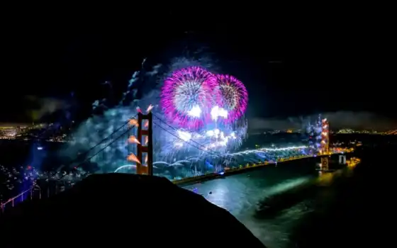 firework, ночь, мост