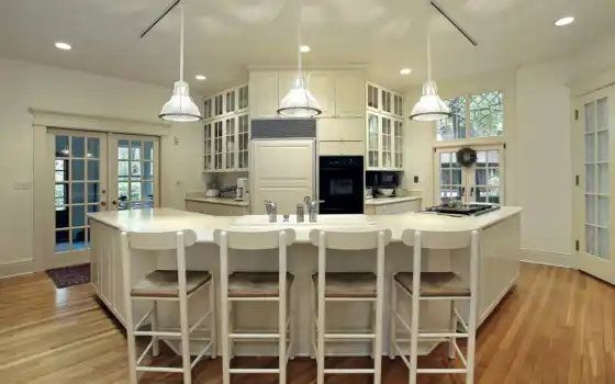 kitchen, большая, белая, design, rack, паркет, кухни, интерьер, 