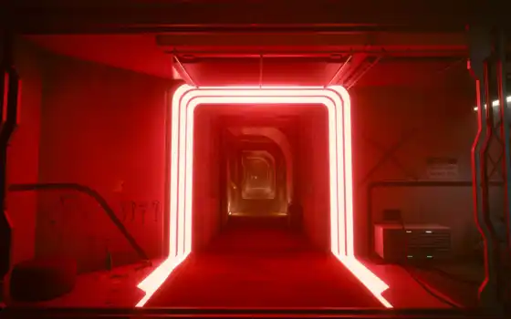 неон, коридор, огни, красный