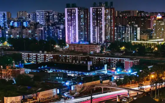 ночь, время, город, шоссе, мост