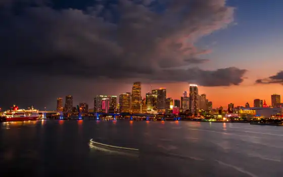 ,, blue hour, Майами, закат, горизонт, город, здание, городской пейзаж