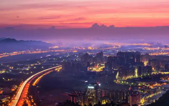 город, здание, во, закат, городской пейзаж, Тайвань, строить, ночью, ли, сел
