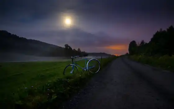 дорогой, ночь, поле, велосипед