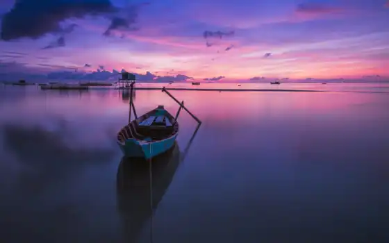 , пурпурный, восход, лодка, море, вода,