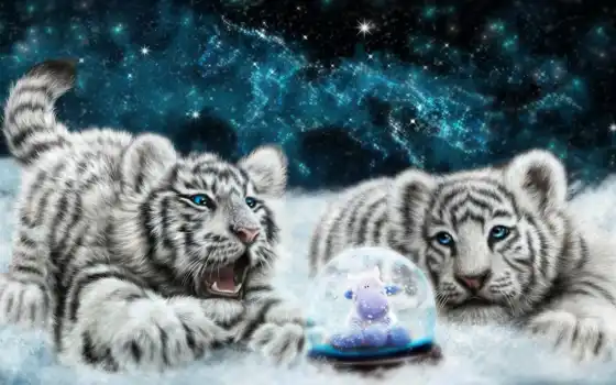 тигр, животное, детский, белый, кот, снег
