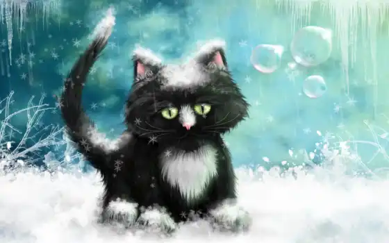 кот, снег, краска