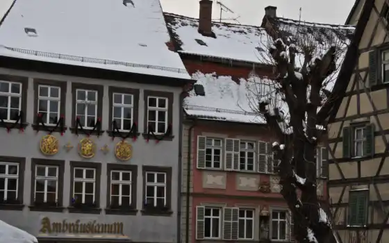 крыши, город, дома, германия, winter, рисунки, 