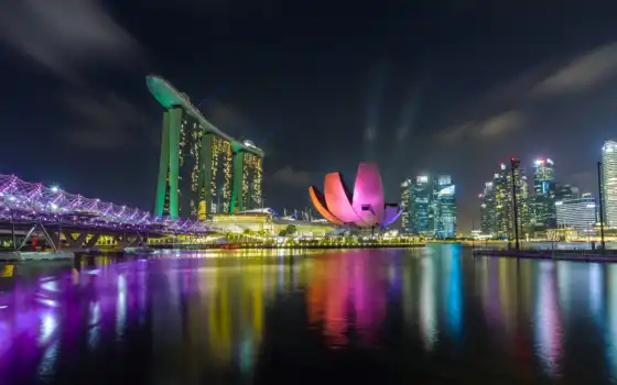 сингапур, бухта, маргинина, песок, город, ночь, путешествия, фото, мост, мио