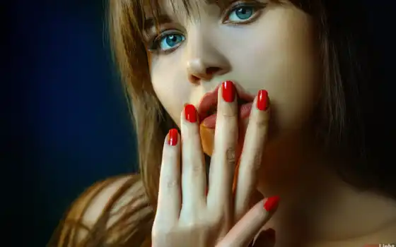 red, nail, portrait, finger, lip, глаза, женщина