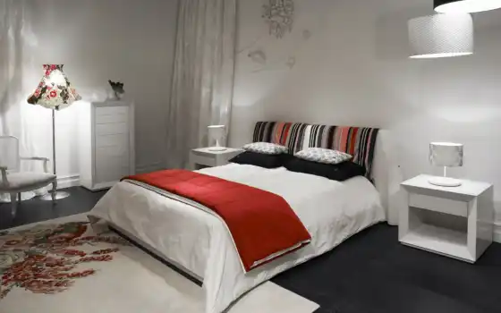 спальня, белый, кровать, картинка, красный, kenzo, подборка, dekor, 