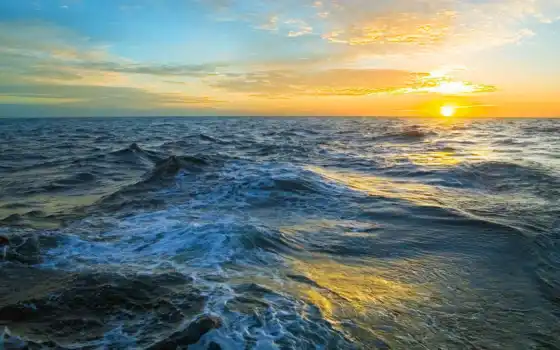 море, волны, подъем, закат, солнце, облака, море,