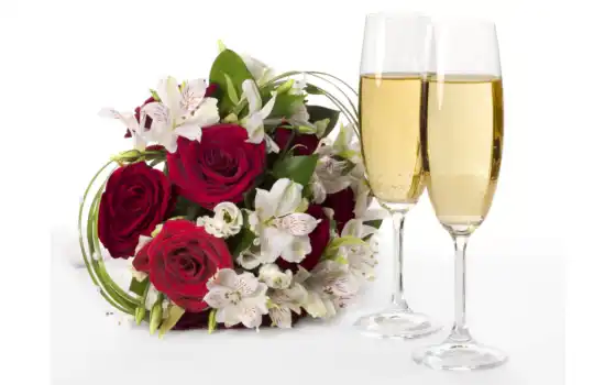 шампанское, розы, цветы, букет, бокалы, 