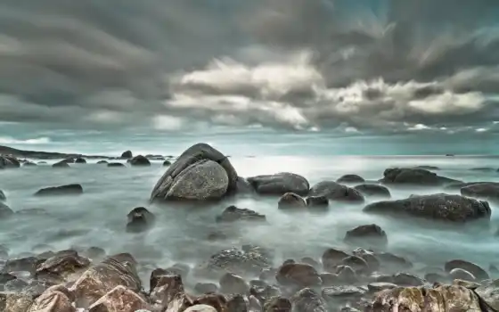 море, небо, камень, облако