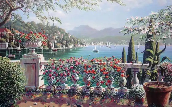 балкон, цветы, город, весна, artist, озеро, море, bean, peiman