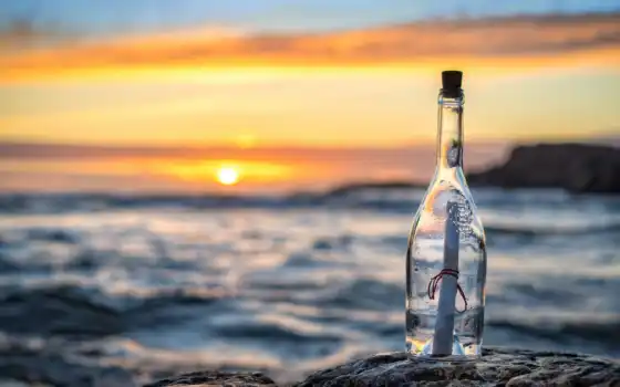 бутылка, море, буква, закат, news, нота, сообщение