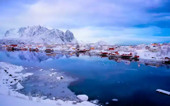 норвегия, снег, лед, осень, зима, природа, синева, рейн, фьорд, Лофотенские острова